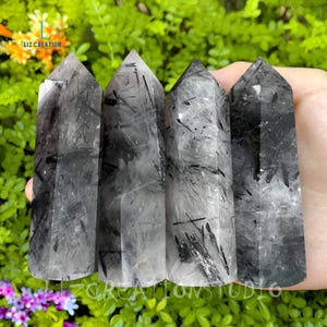 Natural Black Tourmaline Rutilated Quartz Crystal Tower Point Obelisk Wand- Tourmalinated Quartz Crystal Gift, Mineral Specimen , Home Decor