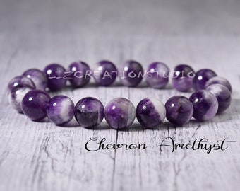 Chevron Amethyst Bracelet- Natural Stone Stretch Bracelet- Healing Crystal Yoga Bracelet -Spiritual Protection February Birthstone Gift