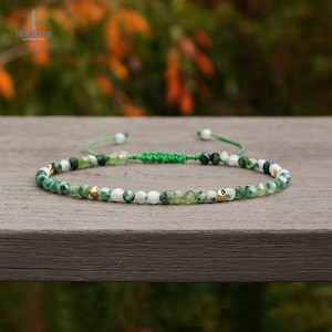 Delicate Moss Agate Dainty Bracelet -Natural Gemstone Minimalist Bracelet- Moss Agate Crystal Bracelet- Heart Chakra, Stone of Growth