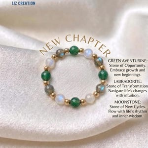 May include: A beaded ring featuring alternating green aventurine, labradorite, and moonstone beads separated by small gold-tone metal spheres. The text "NEW CHAPTER" appears above the ring, with descriptions of the stones listed to the right.