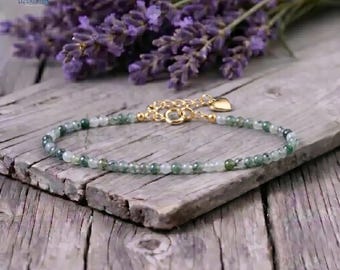 Minimalist Moss Agate Crystal Bracelet -Natural Dainty Gemstone Prosperity Jewelry, Heart Chakra, Abundance