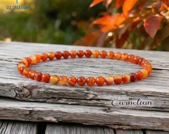 4mm Carnelian Bracelet - Natural Fire Agate Dainty Bead Minimalist Stacking Jewelry Vitality Gift