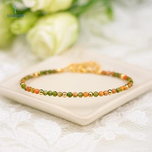 Healing Unakite Dainty Bracelet, Delicate Crystal Unakite Minimalist Bracelet, Natural Gemstone Layering Bracelet, Heart Chakra