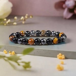 Triple Protection Bracelet, Tiger Eye Bracelet - Natural Black Obsidian Gemstone Bracelet- Delicate Hematite Crystal Bracelet, Root Chakra
