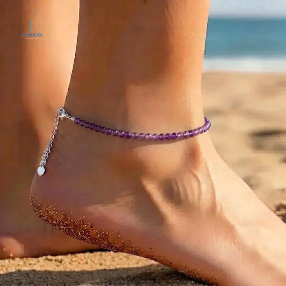 Dainty Amethyst Crystal Anklet, Minimalist Natural Gemstone Ankle Bracelet, February Birthstone Gift, Crown Chakra