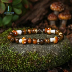 Pulseira de Cogumelo Olho de Tigre - Pulseira da Prosperidade com Pedra Preciosa Natural - Presentes Espirituais de Cristal, Chakra Raiz