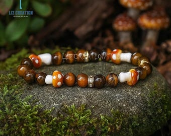 Pulsera de Hongo Ojo de Tigre - Pulsera de Prosperidad con Piedras Naturales - Regalos de Cristal Espirituales para el Chakra Raíz