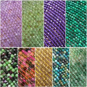 May include: An assortment of faceted gemstone beads in various colors, including lavender, green, purple, and emerald. Other colors include pink, yellow, and turquoise. The beads are strung together, creating a textured surface.