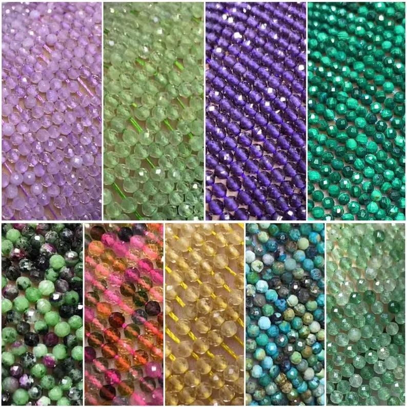 May include: An assortment of faceted gemstone beads in various colors, including lavender, green, purple, and emerald. Other colors include pink, yellow, and turquoise. The beads are strung together, creating a textured surface.