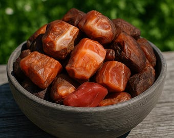 May include: A gray ceramic bowl filled with polished, tumbled stones. The stones vary in color from deep brown to vibrant orange and red, with some displaying white banding. The bowl sits on a wooden surface, with a blurred green background.