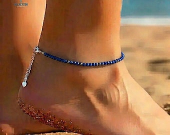 Zierliches Lapis Lazuli Fußkettchen, Minimalistisches Blaues Kristall Fußkettchen, Naturstein Schmuck, Wisdom & Truth