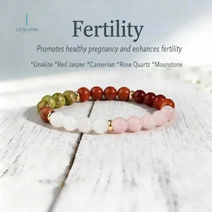 Pulseira da Fertilidade, Pulseira de Cura com Cristais de Pedras Preciosas Naturais, Unakita, Jaspe Vermelho, Cornalina, Quartzo Rosa, Pedra da Lua