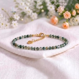 Bracciale minimalista in agata muschiata - Delicato gioiello portafortuna con pietre preziose, chakra del cuore, regalo per damigelle d'onore