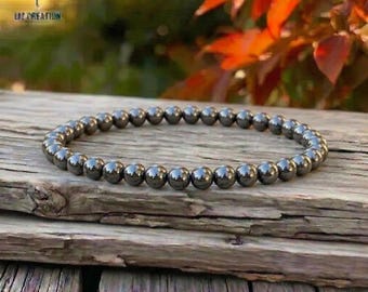 4mm Natural Hematite Bracelet - Dainty Metallic Grey Stacking Jewelry - Grounding Stone Gift for Her