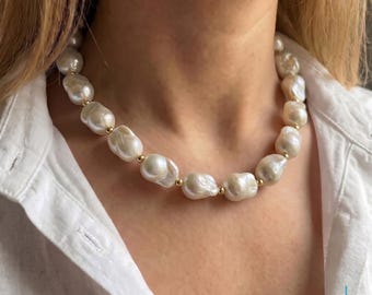 Large Chunky Baroque Pearl Necklace, Bridal Wedding Jewelry, Statement Pearl Choker, Gifts for Her