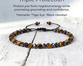 Minimalist Triple Protection Bracelet -Natural Hematite ,Tiger's Eye ,Obsidian Combination Crystal Dainty Bracelet