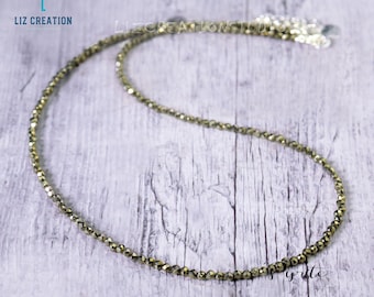 Delicate Pyrite Choker Necklace, Healing Pyrite Crystal Beaded Dainty Choker, Natural Pyrite Stone Minimalist Choker Necklace Gift for Women