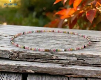 Minimalist 2MM Rainbow Tourmaline Crystal Bracelet- Natural Subtle Bead Gemstone Dainty Bracelet, October Birthstone