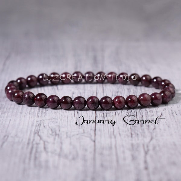 Garnet Beaded Bracelet - Natural Stone Stretch Bracelet- Healing Crystal Yoga Bracelet -Spiritual Protection January Birthstone Gift