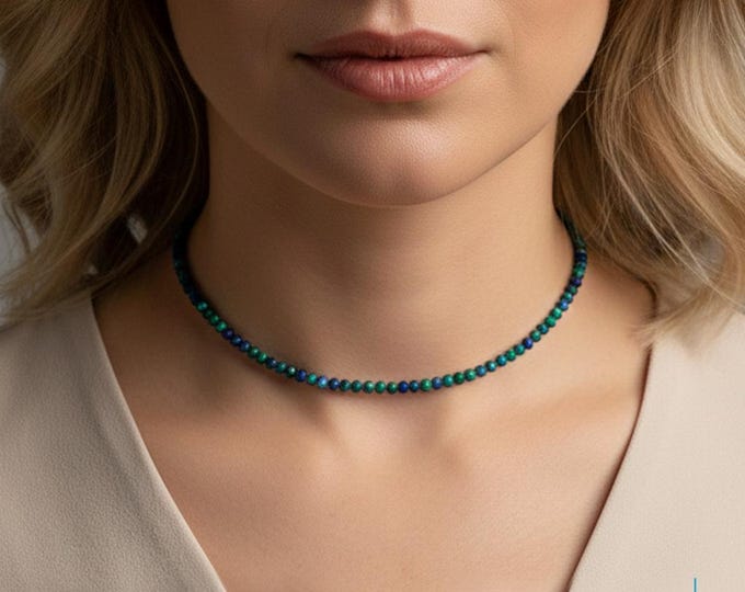 Azurite Malachite Choker Necklace -Dainty Genuine Crystal Beads - Minimalist Blue Green Gemstone Jewelry