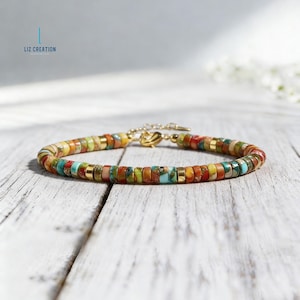 Minimalist Sea Sediment Jasper Stone Bracelet , Natural Dainty Crystal Healing Bracelet, Boho Jewelry Gift Gold-tone Clasp