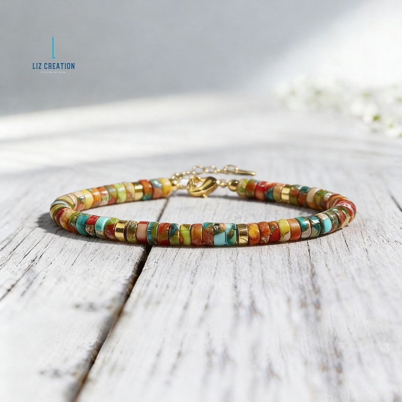 Minimalist Sea Sediment Jasper Stone Bracelet , Natural Dainty Crystal Healing Bracelet, Boho Jewelry Gift Gold-tone Clasp