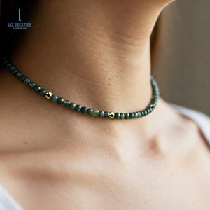 Delicate Moss Agate Necklace, Moss Agate Crystal Beads Dainty Choker, Natural Moss Agate Stone Minimalist Choker, Heart Chakra Gift