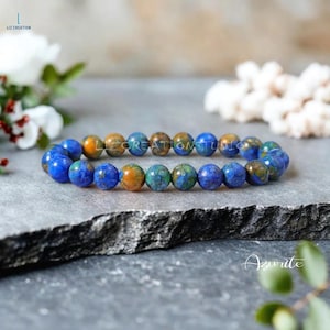 Azurite Malachite Bracelet- Natural Gemstone Stretch Bracelet- Azurite Crystal Bracelet -Women Blue Friendship Bracelet, Heart Chakra Gift