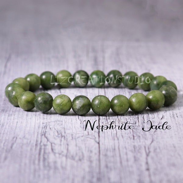 Nephrite Jade Bracelet -Natural Stone Stretch Bracelet- Healing Crystal Yoga Bracelet- Delicate Spiritual Protection Gift