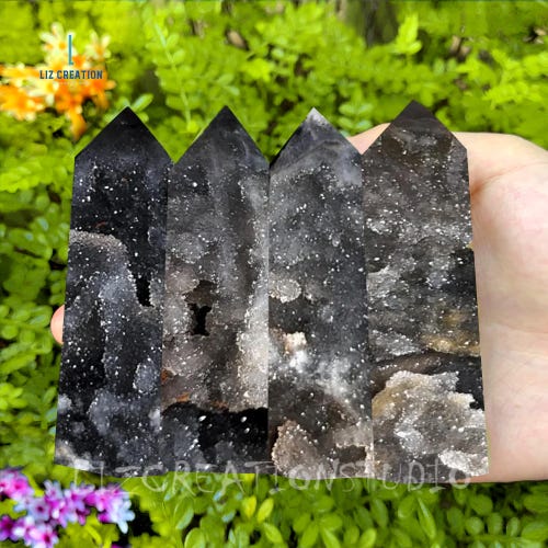 Pointe de tour de sphalérite de géode Druzy, obélisque en cristal naturel, spécimen minéral pour bureau d'autel personnel