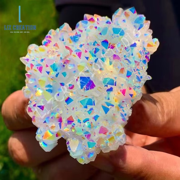 Angel Aura Cluster - Angel Aura Quartz Mineral Specimens Cluster - Aura Quartz Rainbow Crystal - Healing Aura Quartz Crystals and Stones