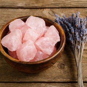 May include: A wooden bowl filled with raw, light pink rose quartz crystals. A bundle of dried lavender with purple flowers sits to the right. The crystals have a rough, natural texture. The bowl is on a wooden surface.
