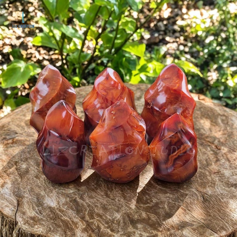 May include: Six carnelian crystal points, each with a unique shape and a deep red-orange color. The crystals are arranged in a semi-circle on a wooden surface.