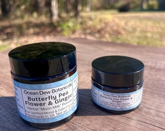 Mezcla de polvos para latte de flor de guisante mariposa y jengibre – Mezcla para latte azul, bebida herbal que mejora el estado de ánimo, latte vegano y colorido