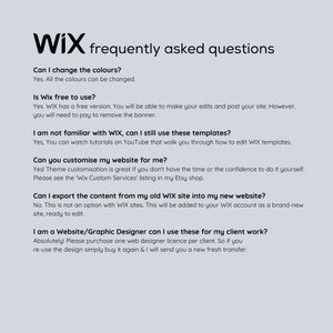 May include: Frequently asked questions about Wix website builder.  Learn about color customization, free plans, using templates, website design services, and exporting content.