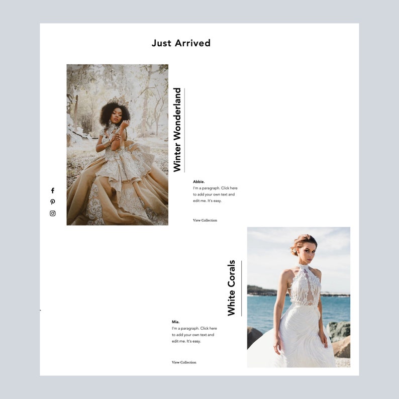 May include: Two women wearing white wedding dresses. The woman on the left is in a snowy forest setting. The woman on the right is standing on a rocky beach. The text "Winter Wonderland" and "White Corals" is written vertically on the right side of each image.