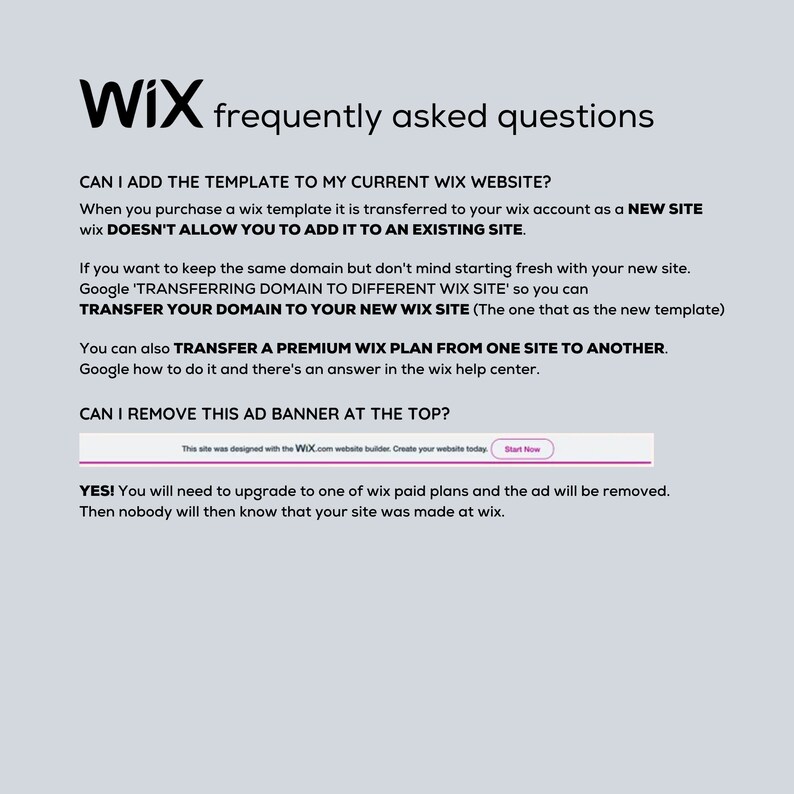 May include: A frequently asked questions page for Wix website builder. The page includes information about adding templates to existing websites, transferring domains, and removing ad banners.