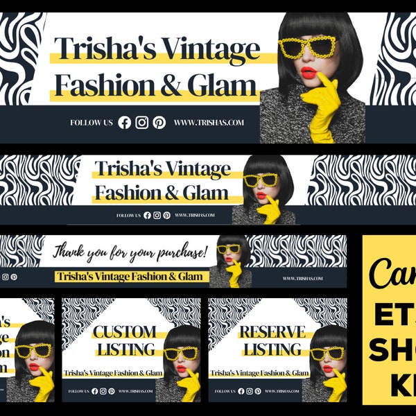 ETSY Shop Banner Set INSTANT DOWNLOAD | Bold, Shop Banner, Shop Icon, Canva Etsy Banner, Vintage, Fashion, Black Yellow