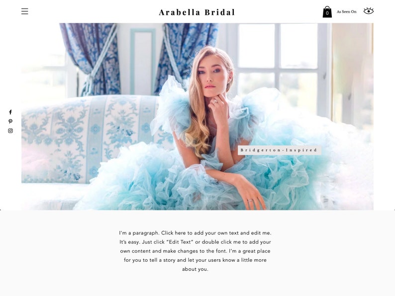 May include: A woman in a light blue tulle gown poses on a couch. The gown has a ruffled skirt and a sweetheart neckline. The text "Bridgerton-Inspired" is visible in the image.