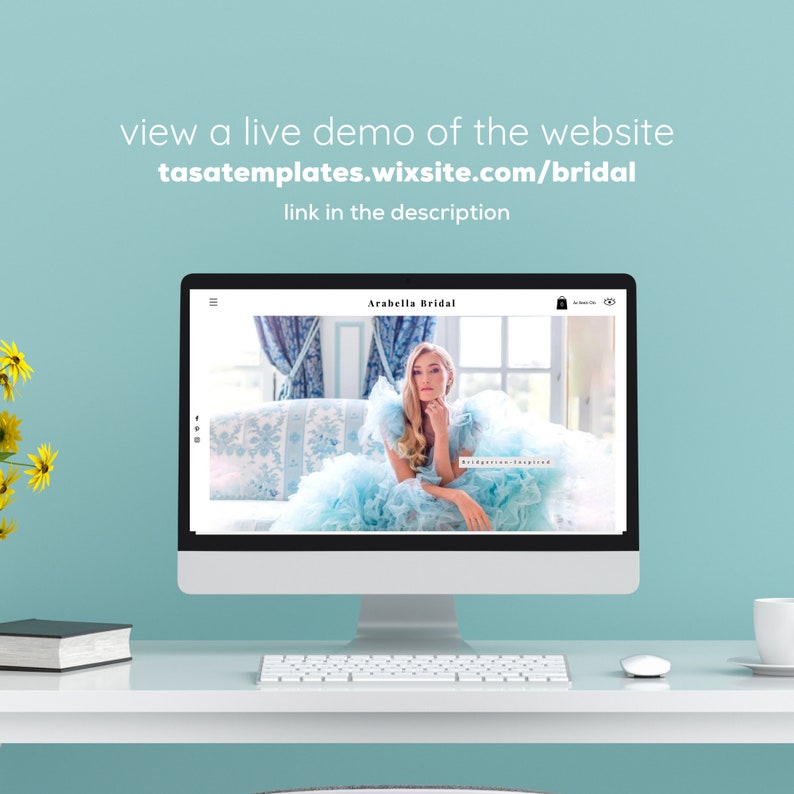 May include: A computer screen displaying a website for Arabella Bridal. The website features a model wearing a light blue bridal gown and the text "Bridal Inspired".