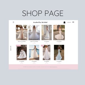 May include: A website homepage for Arabella Bridal, featuring a collection of wedding dresses. The dresses are displayed in a grid format with images and prices. The website also includes a shopping cart icon and a social media link.