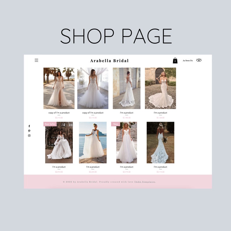 May include: A website homepage for Arabella Bridal, featuring a collection of wedding dresses. The dresses are displayed in a grid format with images and prices. The website also includes a shopping cart icon and a social media link.
