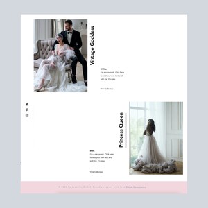 May include: Two images of wedding dresses. The first image shows a couple in a white room. The woman is wearing a white dress with a feather boa. The man is wearing a black suit. The second image shows a woman in a white dress with a tulle skirt. The text "Vintage Goddess" and "Princess Queen" are on the images.
