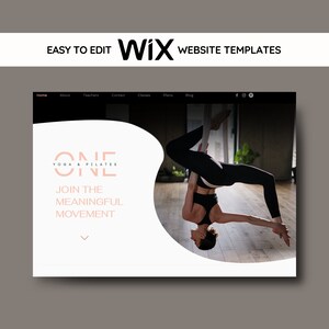 May include: Website template for a yoga and pilates studio. The template features a woman doing aerial yoga in a studio with a wooden floor. The text "ONE YOGA & PILATES" is displayed in a pink color on a white background. The text "JOIN THE MEANINGFUL MOVEMENT" is also displayed in pink on a white background.