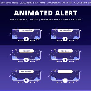 Może przedstawiać: Animowana grafika alert&oacute;w z motywem gwiazdy cloudberry. Grafika zawiera animowane alerty dla nowych darowizn, subskrybent&oacute;w, nalot&oacute;w, okrzyk&oacute;w i obserwujących. Każdy alert ma unikalną ikonę i tekst na ciemnoniebieskim tle.