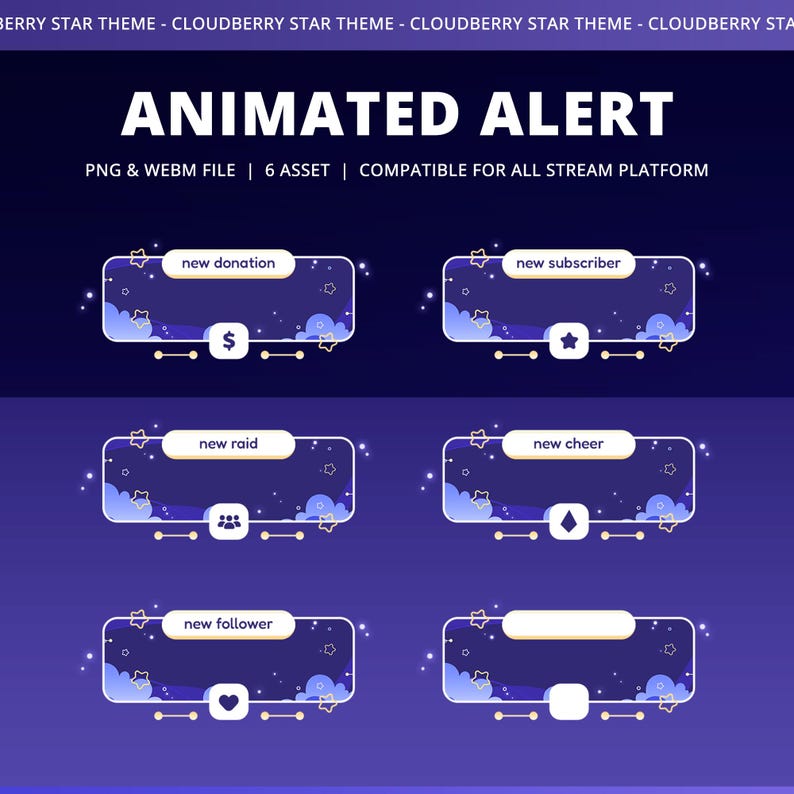 Może przedstawiać: Animowana grafika alert&oacute;w z motywem gwiazdy cloudberry. Grafika zawiera animowane alerty dla nowych darowizn, subskrybent&oacute;w, nalot&oacute;w, okrzyk&oacute;w i obserwujących. Każdy alert ma unikalną ikonę i tekst na ciemnoniebieskim tle.