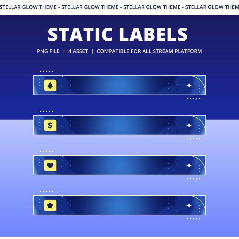 Pu&ograve; includere: Grafica digitale con la scritta "STATIC LABELS" in bianco su sfondo blu scuro. Sotto ci sono quattro barre blu orizzontali con icone e accenti a stella, progettate per piattaforme di streaming. &Egrave; incluso anche il testo "PNG FILE | 4 ASSET | COMPATIBLE FOR ALL STREAM PLATFORM".