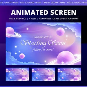 Purple Galaxy Animated Stream Screens, Fantasy Space Theme Pastel Planets, Purple Nebula, Soft Clouds Starfield Glow, Twitch Kick YouTube