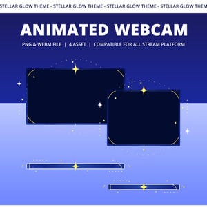 Pu&ograve; includere: Design di overlay per webcam animata con un tema a notte stellata. Il design presenta due cornici rettangolari blu scuro con bordi dorati e due barre orizzontali abbinate. Il testo recita "ANIMATED WEBCAM" e "PNG & WEBM FILE | 4 ASSET | COMPATIBILE PER TUTTE LE PIATTAFORME DI STREAM".