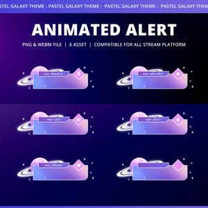 Purple Galaxy Animated Stream Alerts, Dreamy Galaxy Style, Purple Planets, Shimmering Stars, Light Cloud Pastel, Twitch Kick YouTube Vtuber